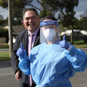 Paul Kochskamper, Practice Manager, pictured with a nurse wearing personal protective equipment at Darley Medical Centre.