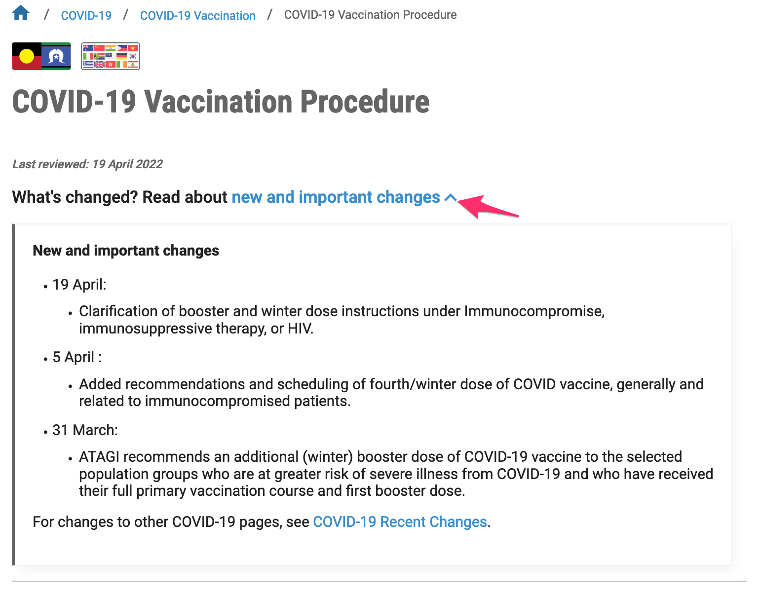 Screenshot showing new 'what's changed' feature highlighting recent changes to COVID-19 vaccination information on HealthPathways Melbourne.