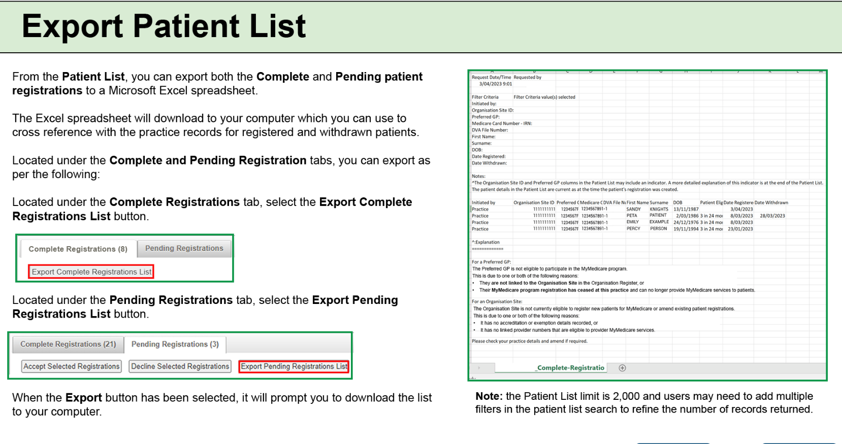 Screenshot showing instructions for exporting a list of patient registration data from MyMedicare.