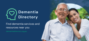 A promotional graphic of the Dementia Directory, with a image of a elderly male with a young female carer.