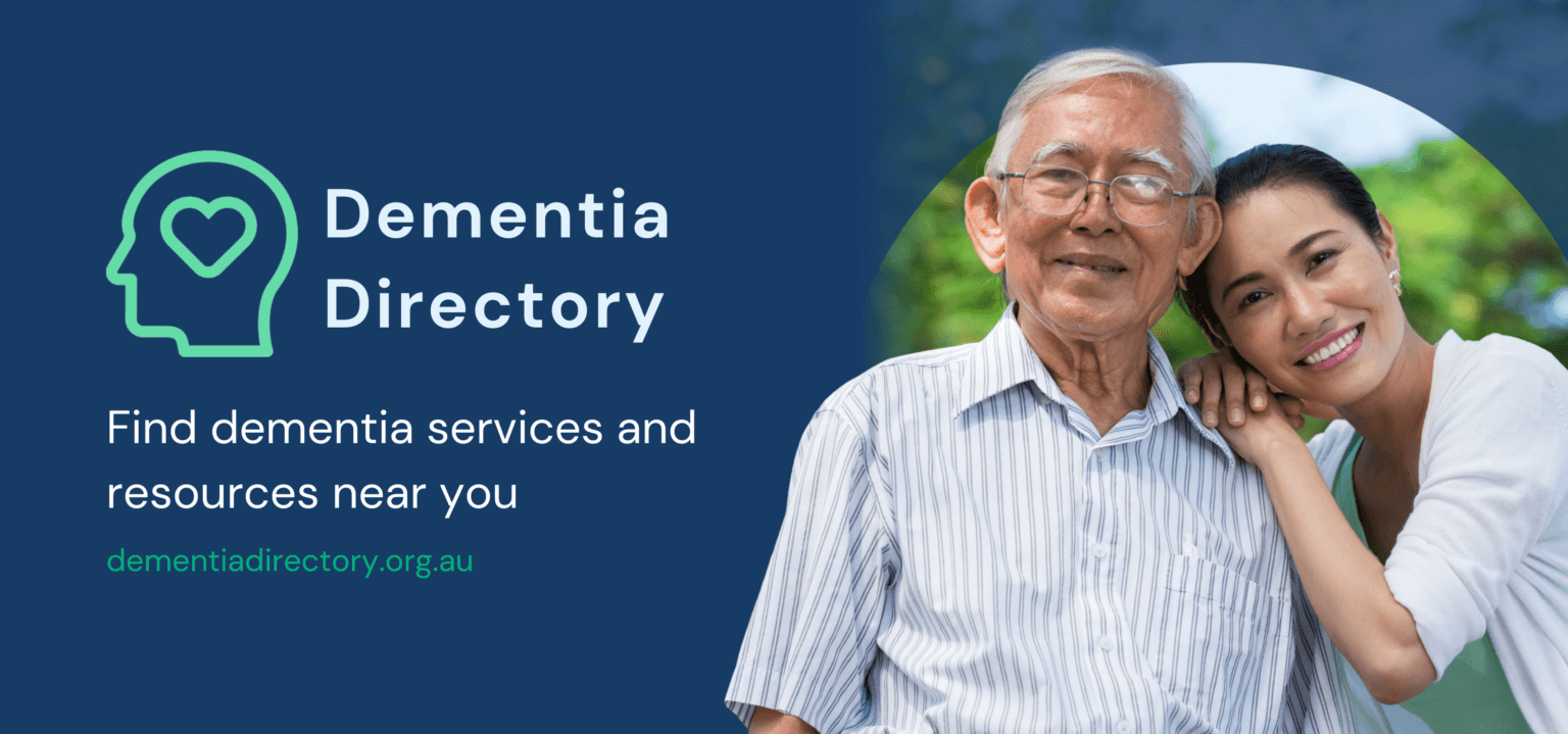 A promotional graphic of the Dementia Directory, with a image of a elderly male with a young female carer.