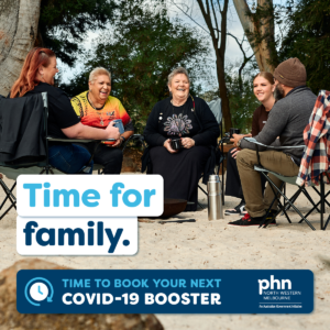 A social media graphic showing a family sitting together on camp chairs