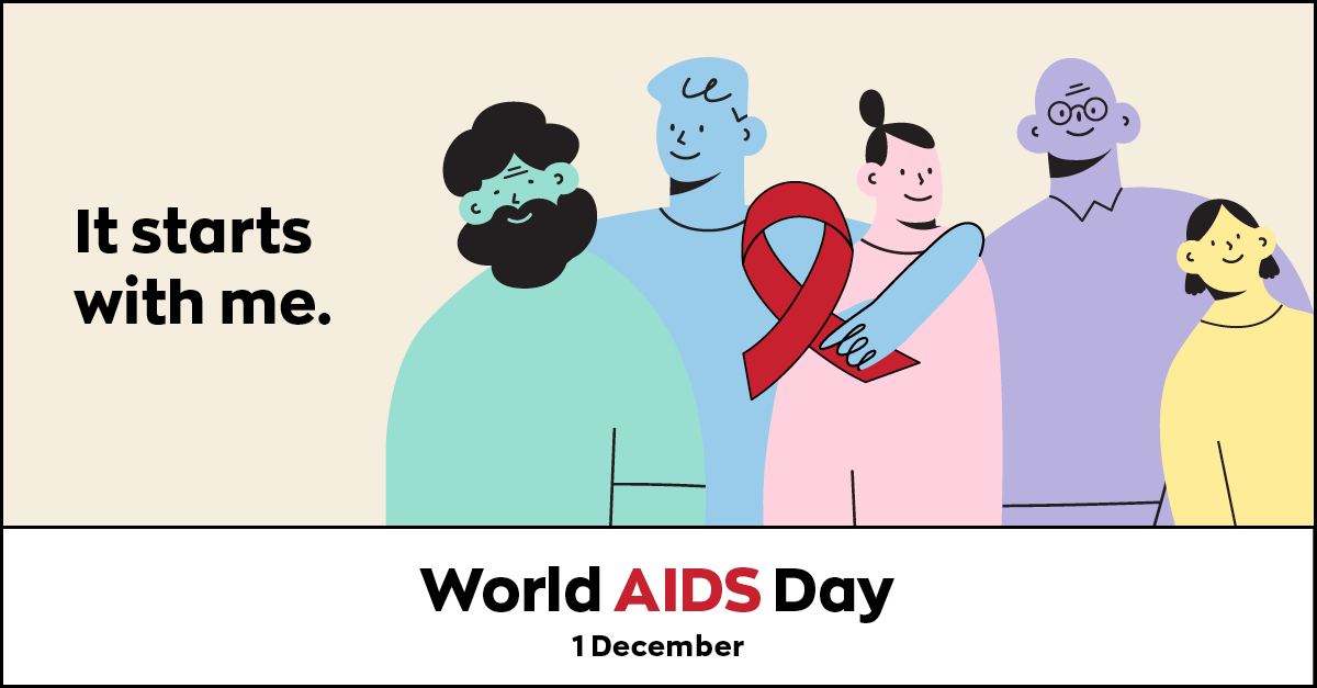 A World Aids Day banner featuring cartoon figures with the words 'it starts with me'